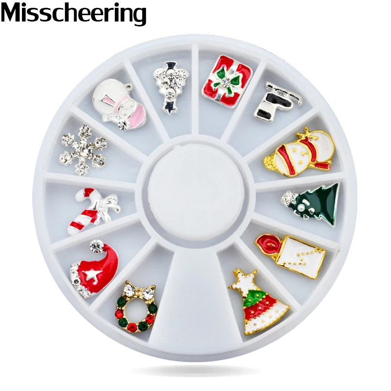 Mix 12pcs/set Christmas Design 3d Alloy Nail Art Decoration Wheel Snowman Snowflake Hat Metallic DIY Manicur Nail Art Accessoire