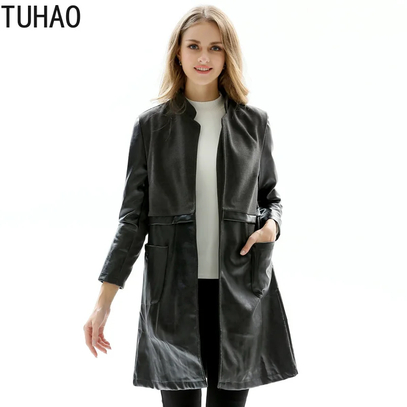 TUHAO офисное женское элегантное пальто из искусственной кожи осенне-зимнее черное