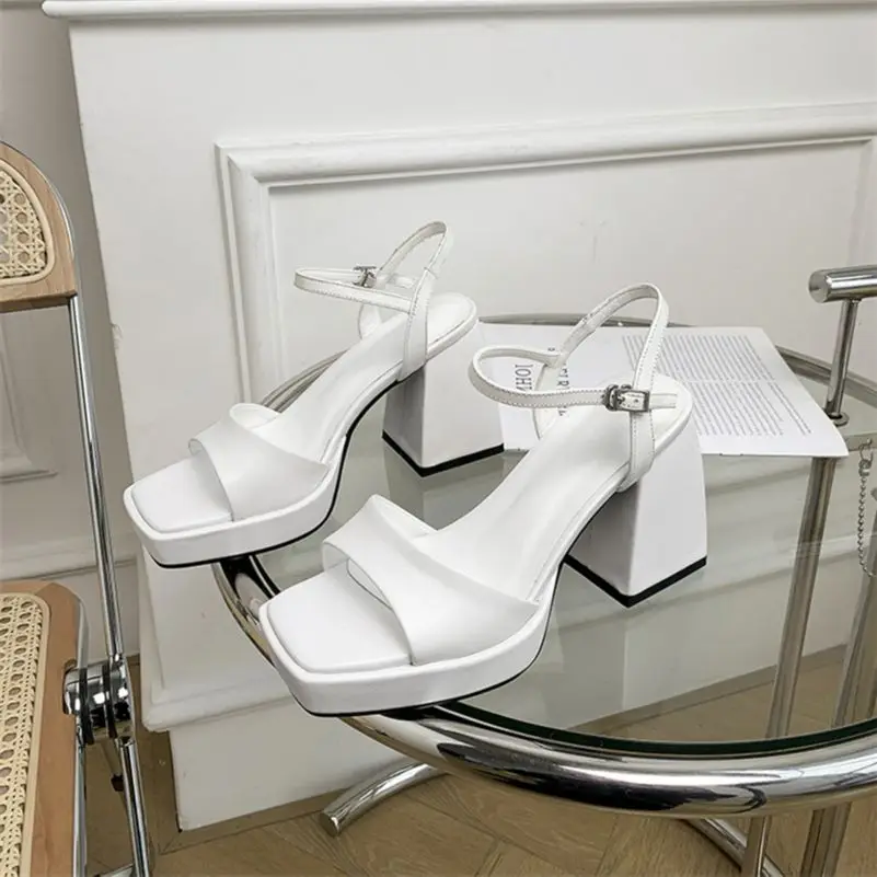 Women High Heels Platform High Heels Sandals Platform Sandals Women Genuine Leather Shoes Super High Heel Platform Sandals Buckle Thick Heel Square Toe