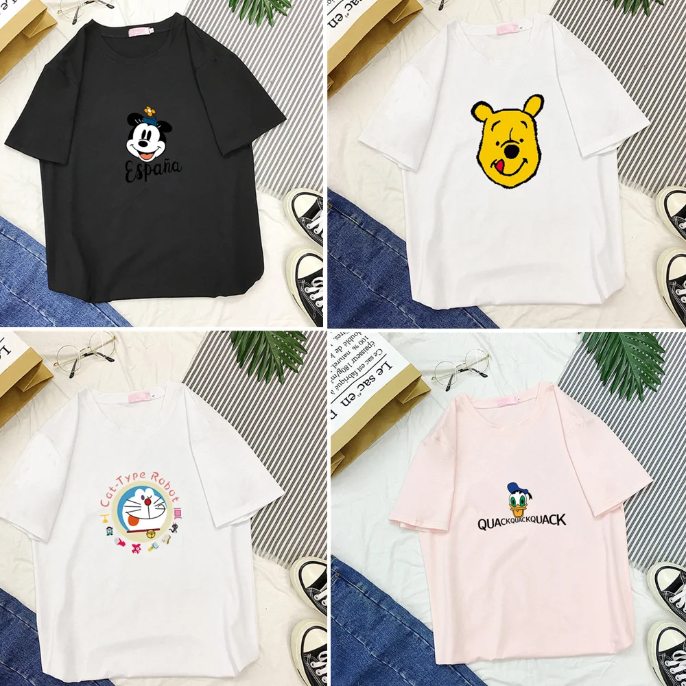 Summer Women T-shirts Disney Pooh Bear Doraemon Mickey Mouse Cartoon Tops O-neck Female T-shirts Harajuku Cloth Donald Duck Tees