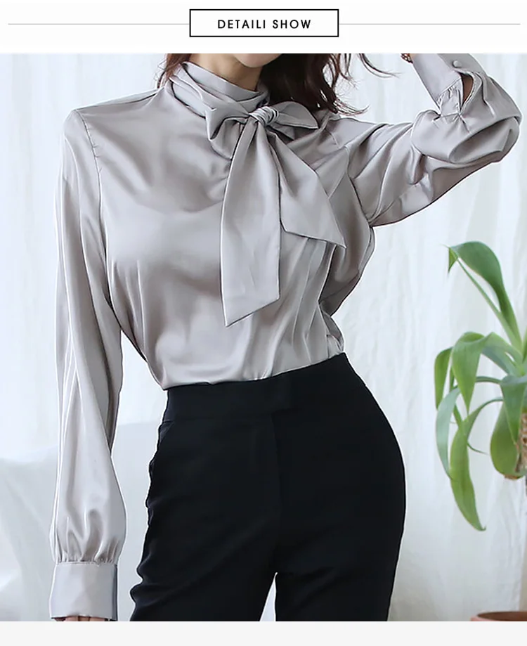 Весна формальные для женщин комплект из 2 частей 2019 Мода Серый кружево галстук бабочка Половина рукава блузка + черный ПР Высокая талия