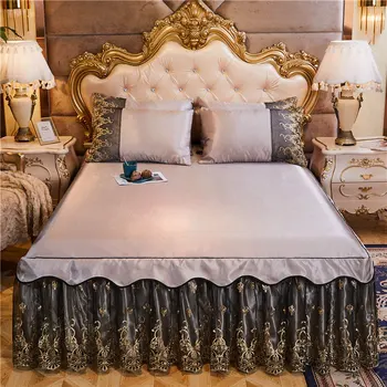 

European Luxury Bed Cover Double King Bedspreads Cooling Lace Ruffles Queen Ice Silk Folding Fitted Sheet Pillow Cases 3 Pcs