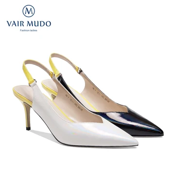 

VAIR MUDO Women Pumps Shoes Hot Pointed Toe Single Genuine Leather Dress High Heels Boat Wedding Zapatos Mujer Black Buckle D62