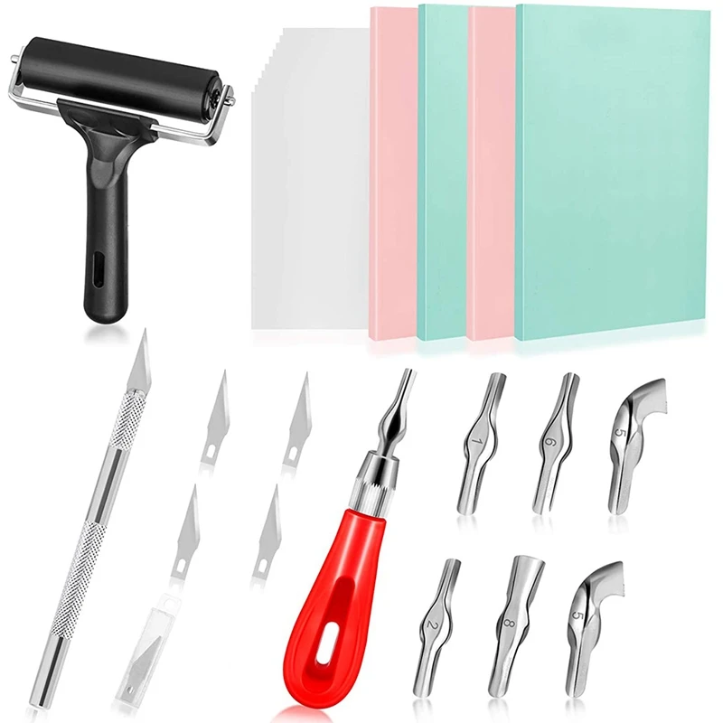 Juego de Herramientas para tallar sello de goma, cortador de linóleo con bloque para tallar, para tallar artesanías