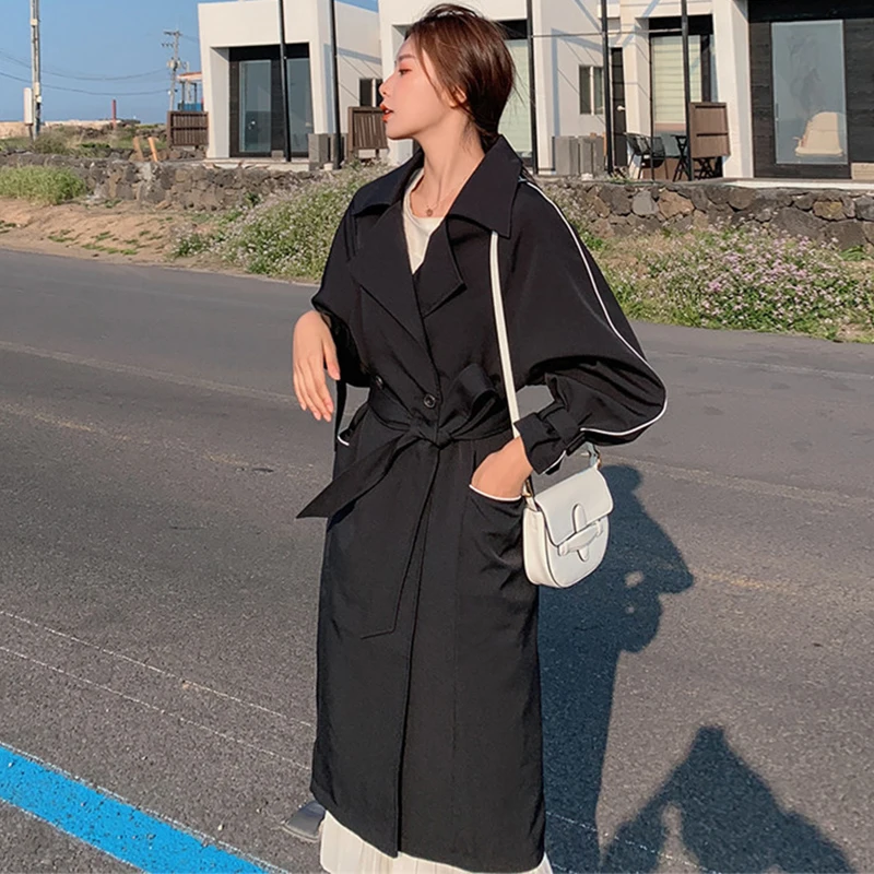 Casual Women's Autumn X-Long Trench Coat With Sashes Coats Ladies Black Chic Double Breasted Turn Down Collar Outwear Female