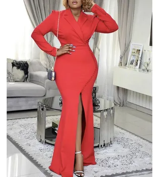 Long Red Sleeve High Slit Package Hip Elegant Wear Event Classy Occasion Robes 1