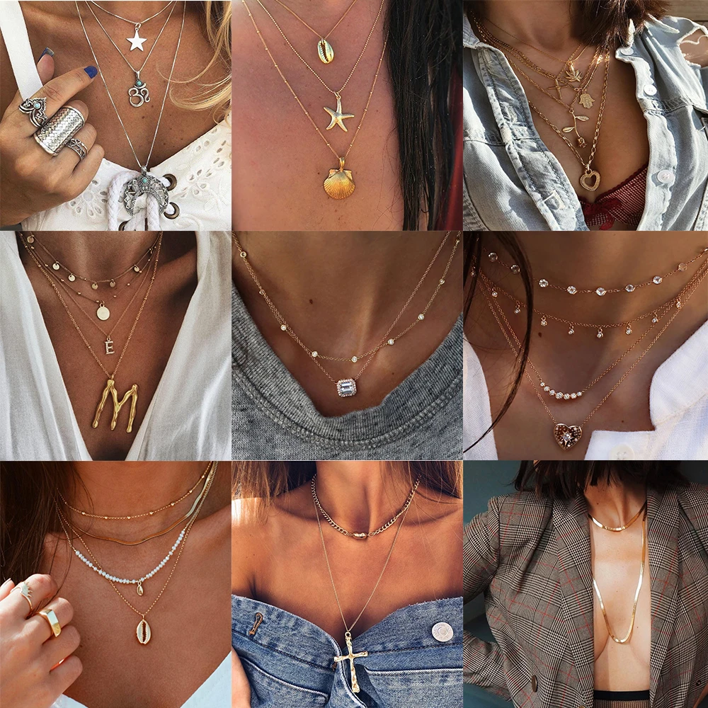 

Fashion Stone Necklace Multiple Layers Pendant Long Necklace For Women Vintage Multi-element Crystal Necklaces Boho Gift Jewelry