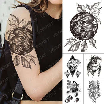 

Waterproof Temporary Tattoo Stickers Wolf Tiger Moon Flower Black Flash Tattoos Female Sketch Body Art Feather Fake Tatoo Men