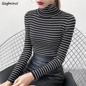 

Pullovers Women Turtleneck Striped Korean Style Elegant Slim Leisure Knitted Clothes Womens Long Sleeve Tops Female All-match