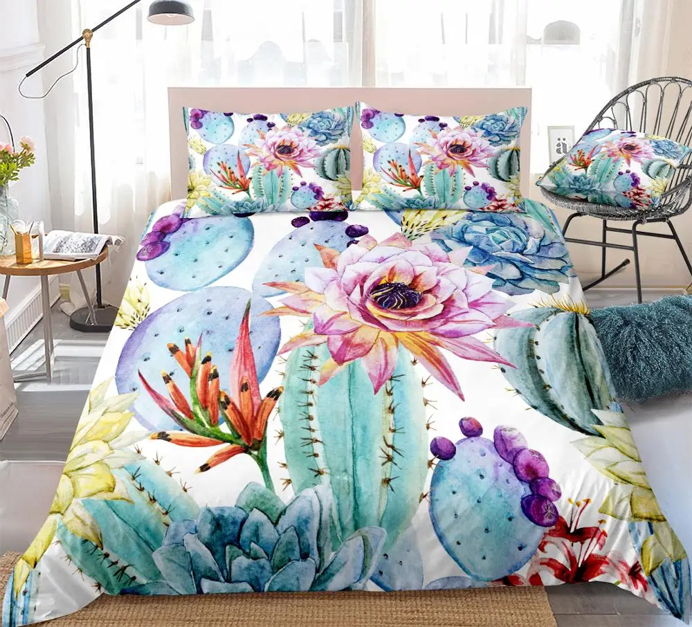 Home Modern Simple Cactus Printed Duvet Cover Bedding Set Quilt Cover Multicolor 