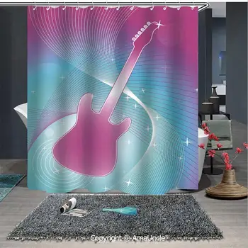 

Home Bath Decor Waterproof Shower Curtains Hot Pink Guitar on Colored Backdrop Music Themed