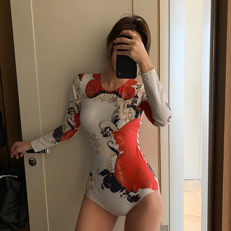 Korean Style Women One Piece Swim Suit Print Red White Check Floral Backless Swimwear Long Sleeves Body Suit Aliexpress
