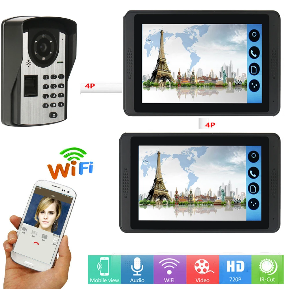 

RFID Password Fingerprint Video Intercom 7 Inch LCD Wifi Wireless Video Door Phone Doorbell Intercom Camera System APP Control
