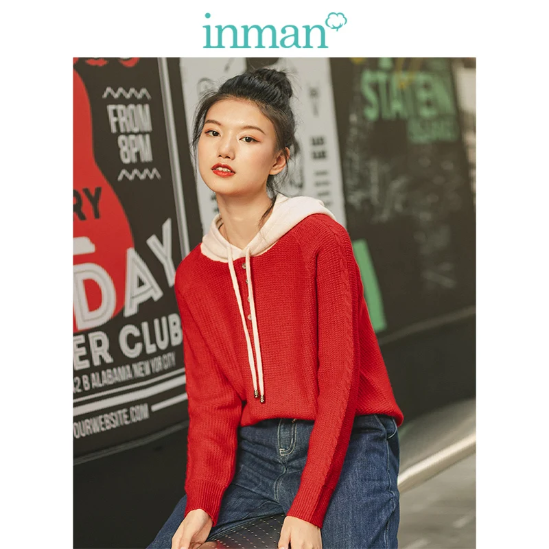 

INMAN 2019 Autumn New Arrival Fashion Contrast Color Hooded Jacquard Fashion Loose Literary Women Pullover