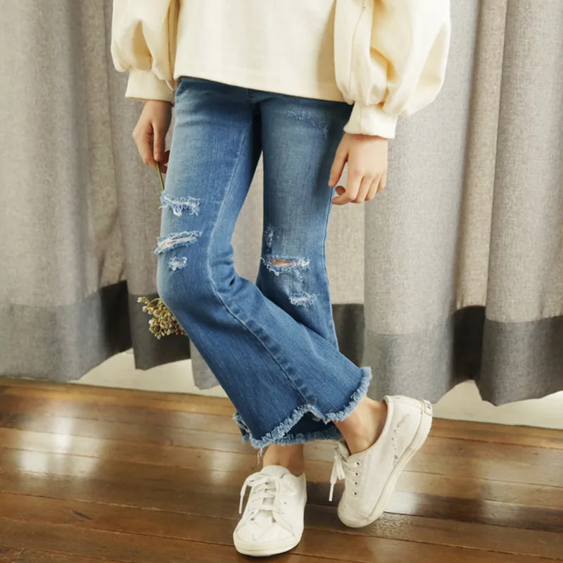 

Girls Spring Clothing Korean-style Cut Washed Fringed Trumpet Jeans Big Boy Versatile Trousers