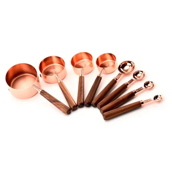 

8pcs Kitchen Measuring Cups Spoon Dining Bar Baking Tools Walnut Wooden Handle Copper Plating Cake Sugar Tools Set NEW