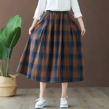 

Cotton Linen Skirt Autumn Clothing New Style Elastic Waist Slimming Big Skirt Mid-length Retro Plaid Base Skirt
