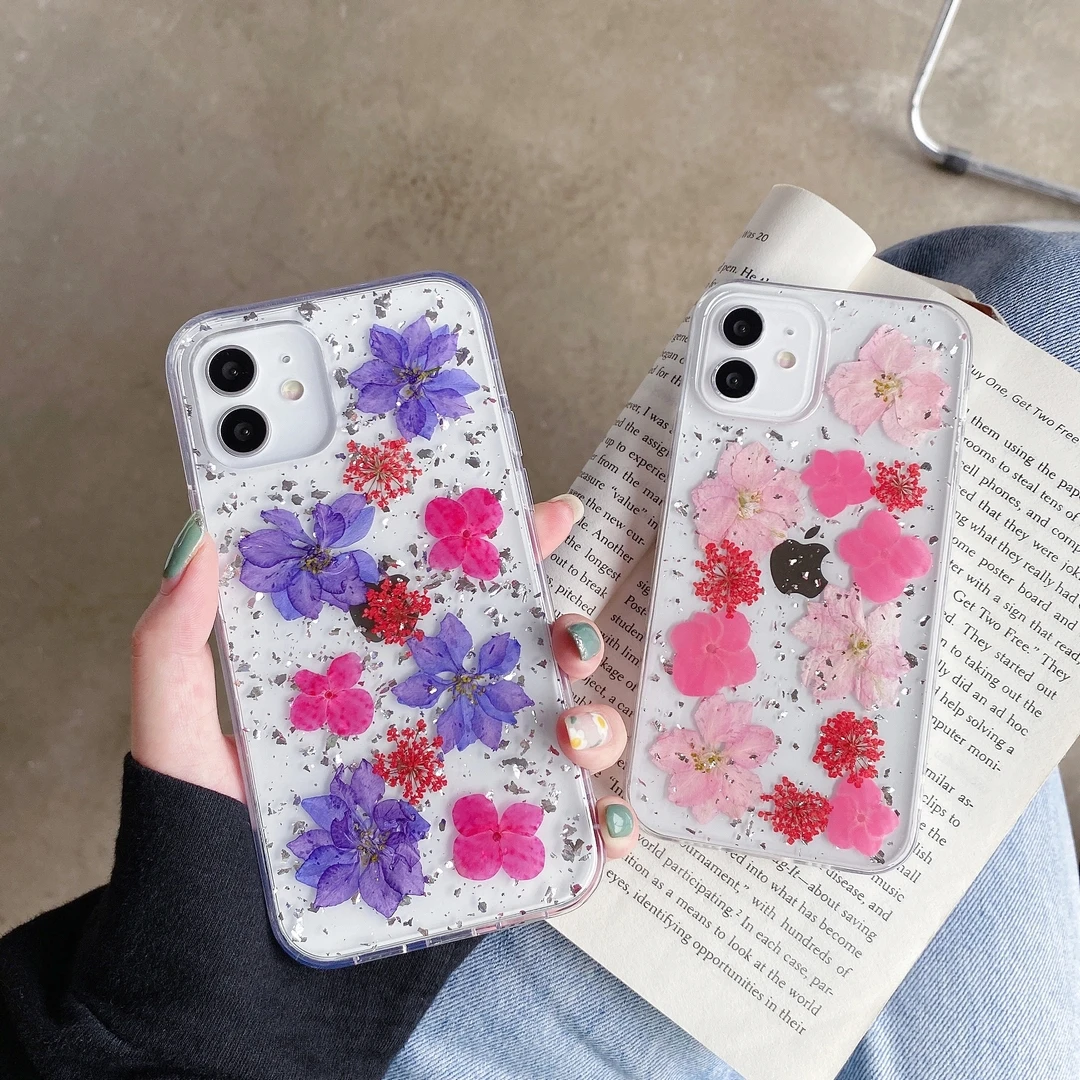 Blue Pink Flower Dropping Glue Per Iphone 15 15Promax 14 14Pro 13 13Promax 11 11Promax 12 12Pro 12Promax Soft Shell Trasparente