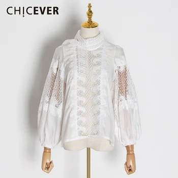 

CHICEVER White Elegant Embroidery Women's Shirt Scarf Collar Lantern Sleeve Female Shirts 2020 Autumn Fashion Clothing New
