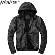 AYUNSUE/куртка из натуральной кожи, мужская куртка с капюшоном,, овчина, короткая, весна-осень, большие размеры, мужские кожаные куртки, KJ2905