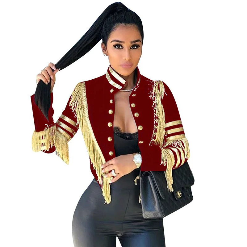 Gold Tassels Patchwork Autumn Cropped Coats and Jackets Women Long Sleeve Button Up Bomber Jacket Causal Glitter Slim Black Coat - Цвет: Burgundy