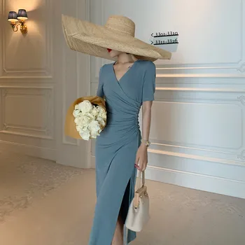 

Summer New Side Slits Drawstring Dress Slim Short-sleeved Solid Color Mature Lazy Wind Knit V-neck Waist Temperament Dress