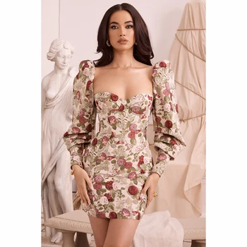 

2020 Fall New Arrival Dress Fashion Square Neck Printed Puff Sleeve Sexy Wrapped Chest Open Backpack Hip Tight Mini Dress
