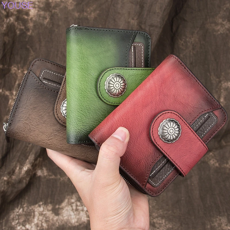 

Genuine Leather Cowhide Women's Wallet Women's Short Retro Multi-functional Casual Purse Driving License Leather Wallet