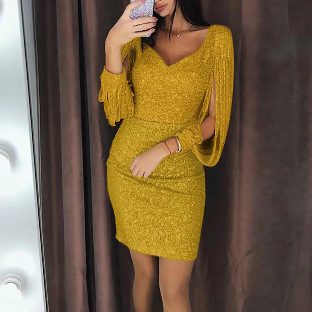 New Fashion Sexy Women V Ncek Solid Sequined Glitter Stitching Shining Club Sheath Long Sleeved Mini Dress For Female - Цвет: Yellow