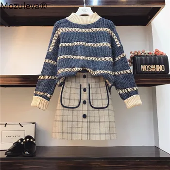 

Mozuleva Spring Autumn Jumper + Plaid Skirt 2pcs Sets Knitted Long Sleeved Pullover Sweater + Skirt two piece Sets Plus Size 4XL