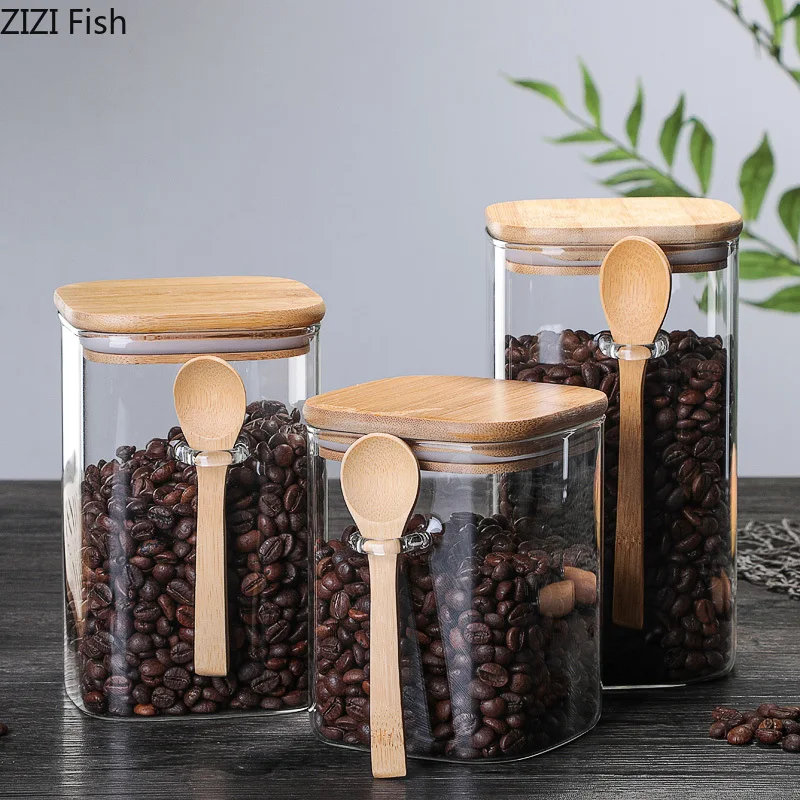 Creative Square Wooden Lid Glass Sealed Jar Coffee Bean Milk Powder Tea Food Storage Tank Modern Home Decoration Accessories New | Дом и сад
