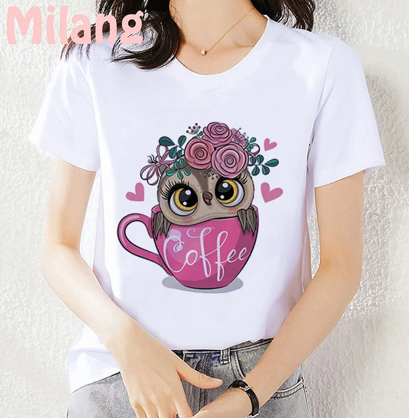 Summer New Women's T-shirt Fashion Cute Owl Printed Ladies T-shirt Harajuku Short Sleeve White Large Size Top Female T Shirt