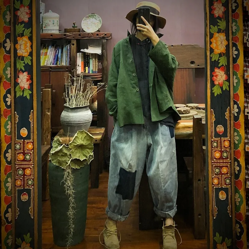luo gu ni Origional Autumn Shirt Collar Linen Coat Have Lining 1565