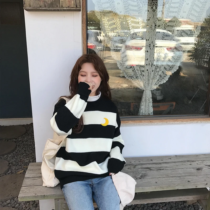 Женские свитера, Kawaii Ulzzang, для колледжа, яркие цвета, в полоску, с Луной, наборы, вышивка, свитер, женский, Harajuku, одежда для женщин