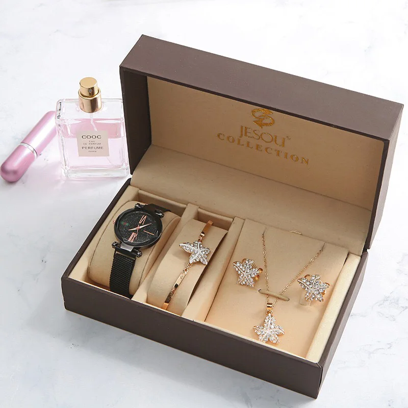 Fashion Starry Sky Quartz Mesh Ladies Watch Rotat Luxury Diamond Sea Star necklace earrings christmas New Year gifts set box