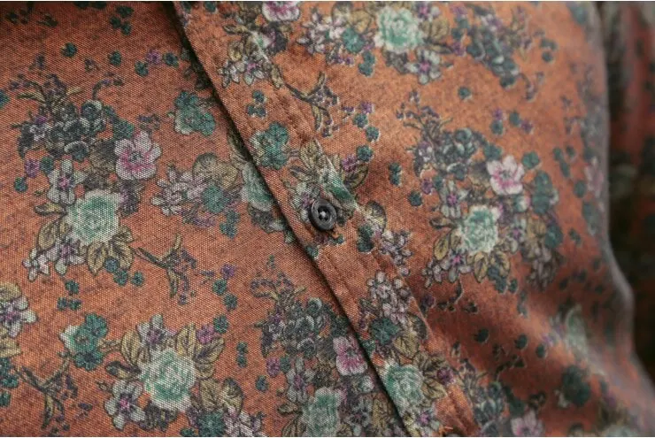 Осенняя мужская рубашка ins Новая мода цветочный принт с длинным рукавом camisa мужская Тонкая Цветочная винтажная льняная Повседневная рубашка