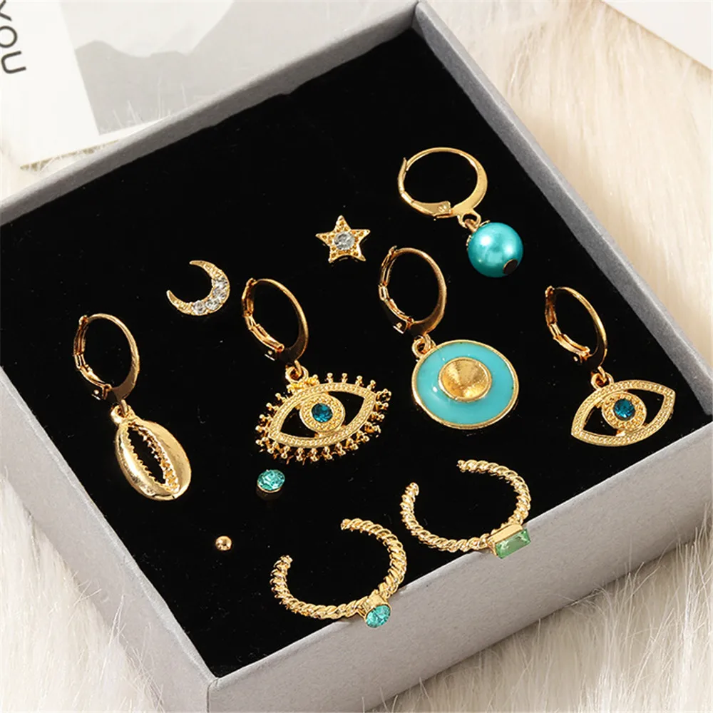 11 Pcs/Set Bohemian Vintage Gold Alloy Moon Star Eye Shell Fashion Hanging Dangle Earrings Korean Cute Beach Party Jewelry Women | Украшения