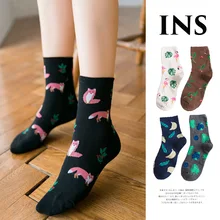 Милые жаккардовые носки с принтом растений, женские носки в Корейском стиле с изображением кактуса и лисы, забавные носки Kawaii Sokken Calcetines