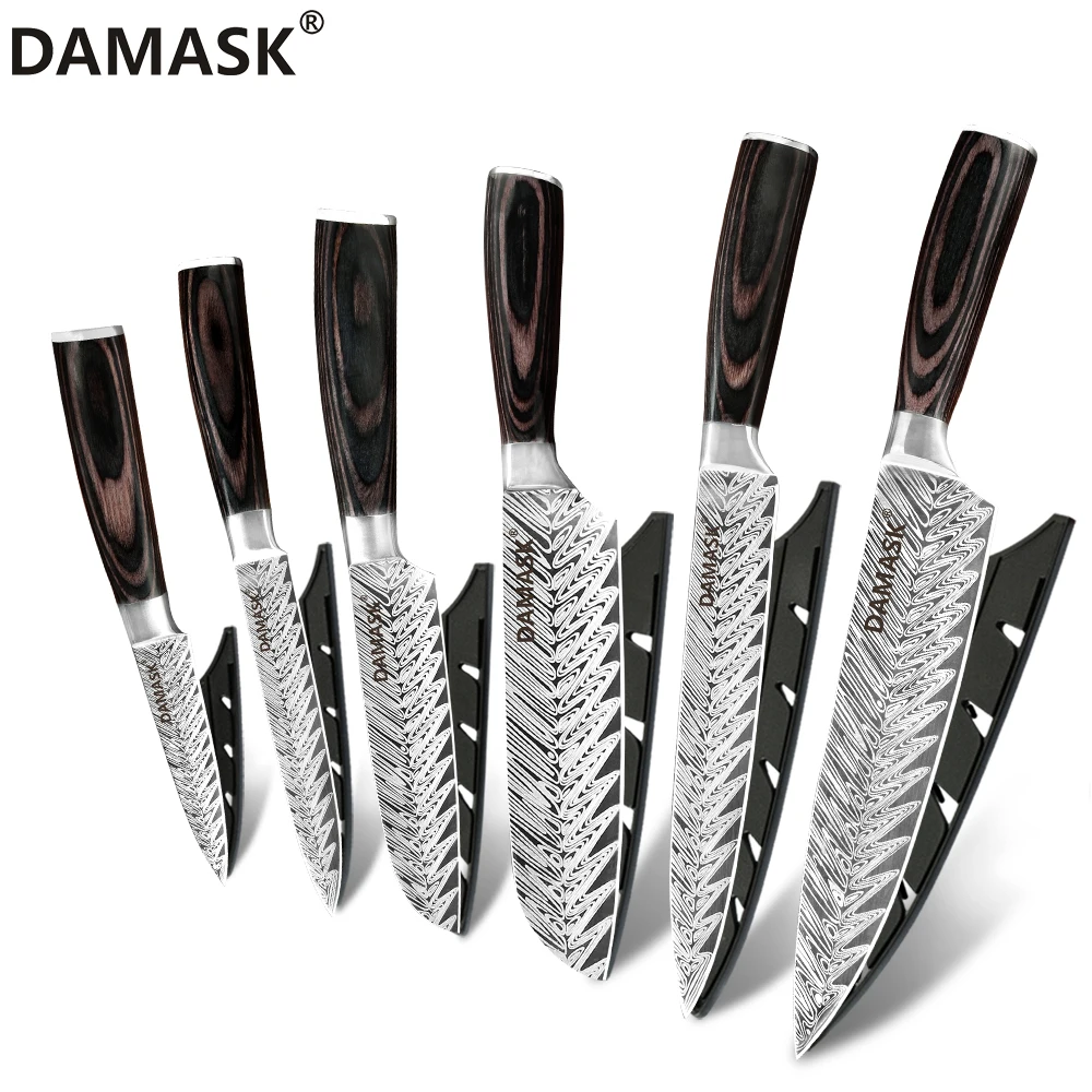 6 Pcs Set Набор кухонных ножей Damask 7Cr17 Mov кухонный нож из нержавеющей стали высококлассный нож с рисунком рыбьей кости с бесплатными подарочными ножны - Цвет: 6 Pcs Set