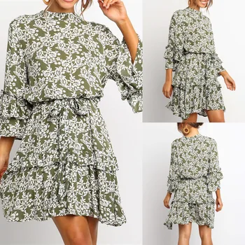 

BGW High Neck Chiffon A Line Mini Cocktail Dresses Three Quarter Sleeves Floral Printing 2020 Vestidos Coctel Corto Elegante