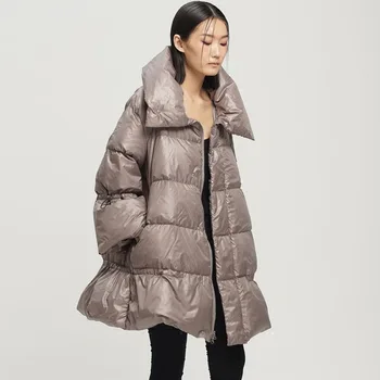 

LANMREM 2020 winter women's solid fashion shape A- line stand collar zipper mid-length warm street wear Cotton clothes 2A432