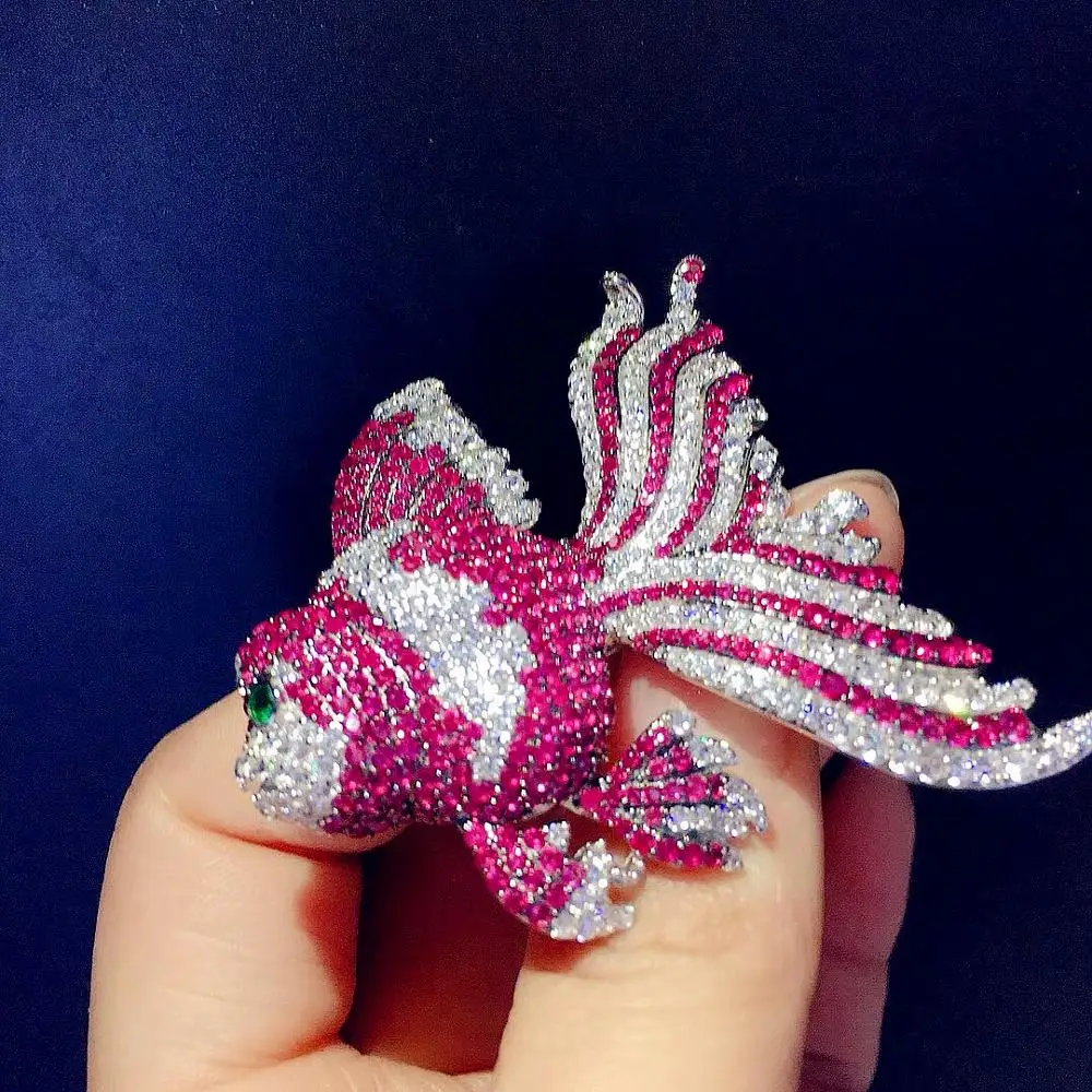 Women's 1pc 38x45mm golden plated Mixed Color Cz micro fish brooch