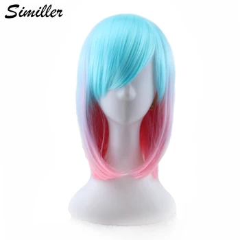 

Similler Blue Pink Ombre Color Women Short Synthetic Wig High Temperature Fiber Straight Hair Cosplay Wig