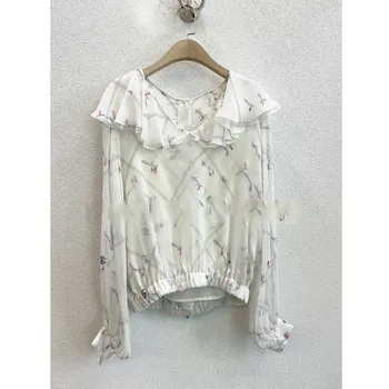 

LouLan Silk Lotus Leaf Attach White Women Shirts Ladies Tops And Blouses Clothes Feminina Summer Lace Camisas Mujer