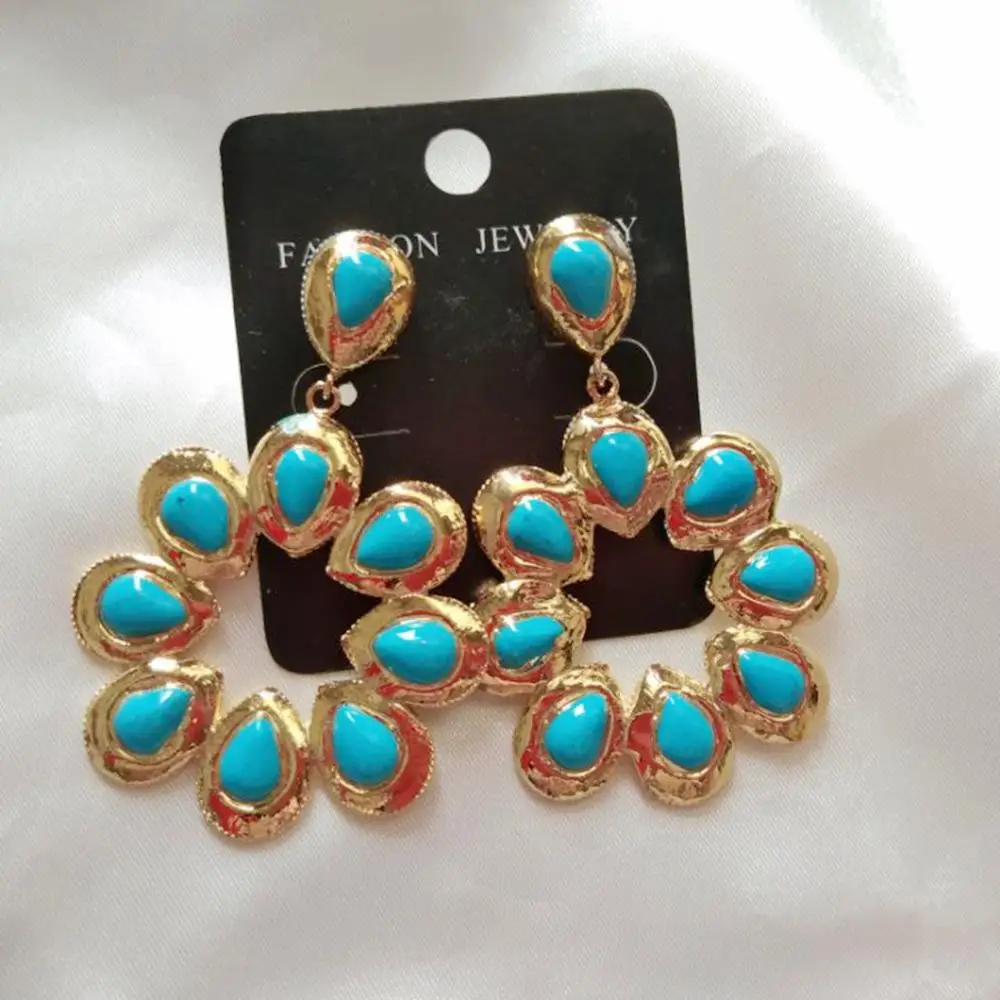 

Elegant Blue Stone Earrings Women Hollow Flower Boucle Doreille Femme Gold Metal Dangle Earrings Handmade Luxury Jewelry 3Pairs