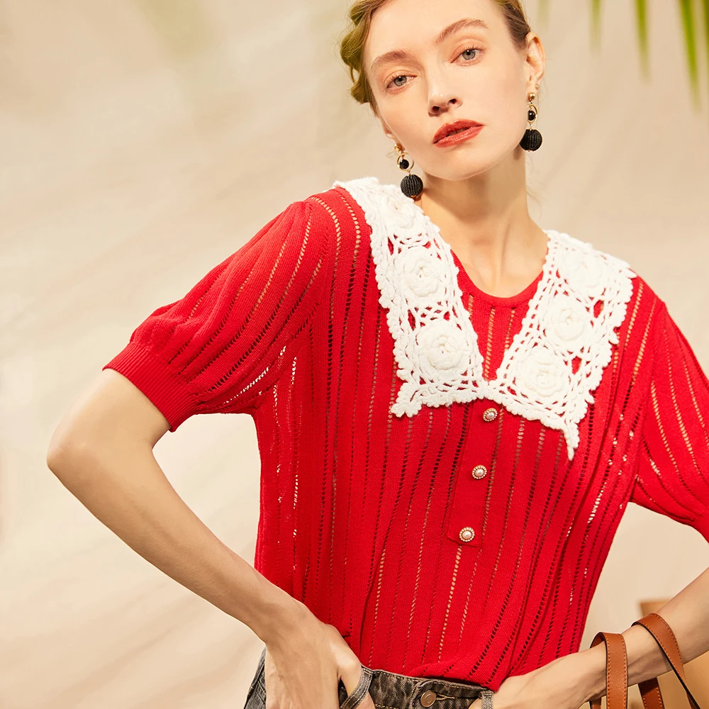 

2021 Summer Sweater Shirt Women Hollow Out Red Tops Lace Lapel Collar Short Sleeve Thin Knitted Pullover Shirt Mujer Camisetas