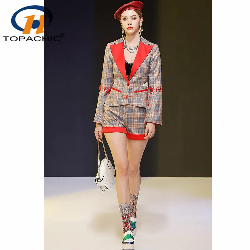 10.3 High quality Autumn New women single breasted Turn-down collar long sleeve coat short pants plaid suit
