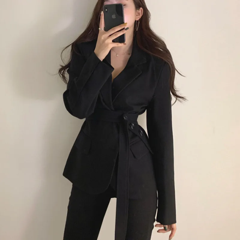 Korean Style Woman Blazer Jacket Coat Notched Collar Pocket Long Sleeve Office Lady Solid Color Slim Suit Outerwear Female