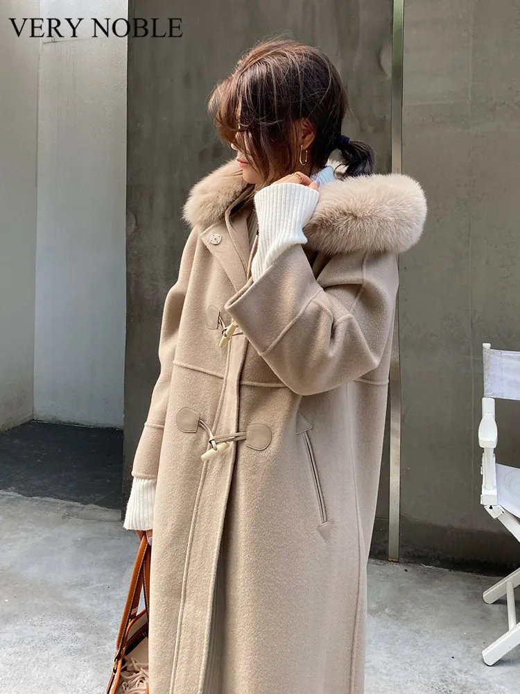 

VERY NOBLE Winter Women's Wool Coat Long White Fox Fur Collar Horn Button Cashmere Coat Jacket Thick Warm Windbreaker