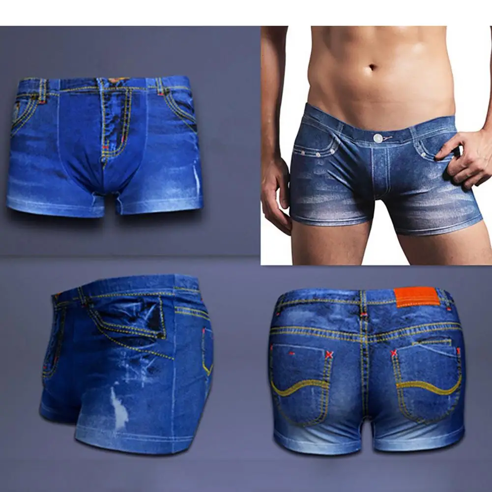 

Mens Shorts Boxers Denim Pattern Fake Jeans Print Cotton Men Briefs Underwear Underpants Summer Male Sexy U Convex Pouch Boxer